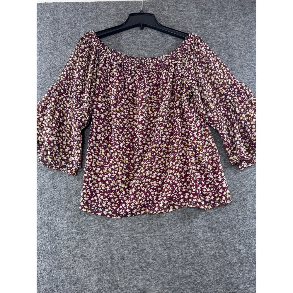 Skies Are Blue Burgundy Floral Off The Shoulder Tiered Bell Sleeve Blouse Medium